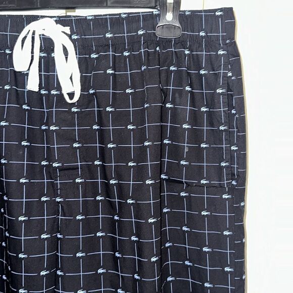 Lacoste XL Black Blue Cotton Croc Logo Print Drawstring Lounge PJ Pants - Picture 11 of 16